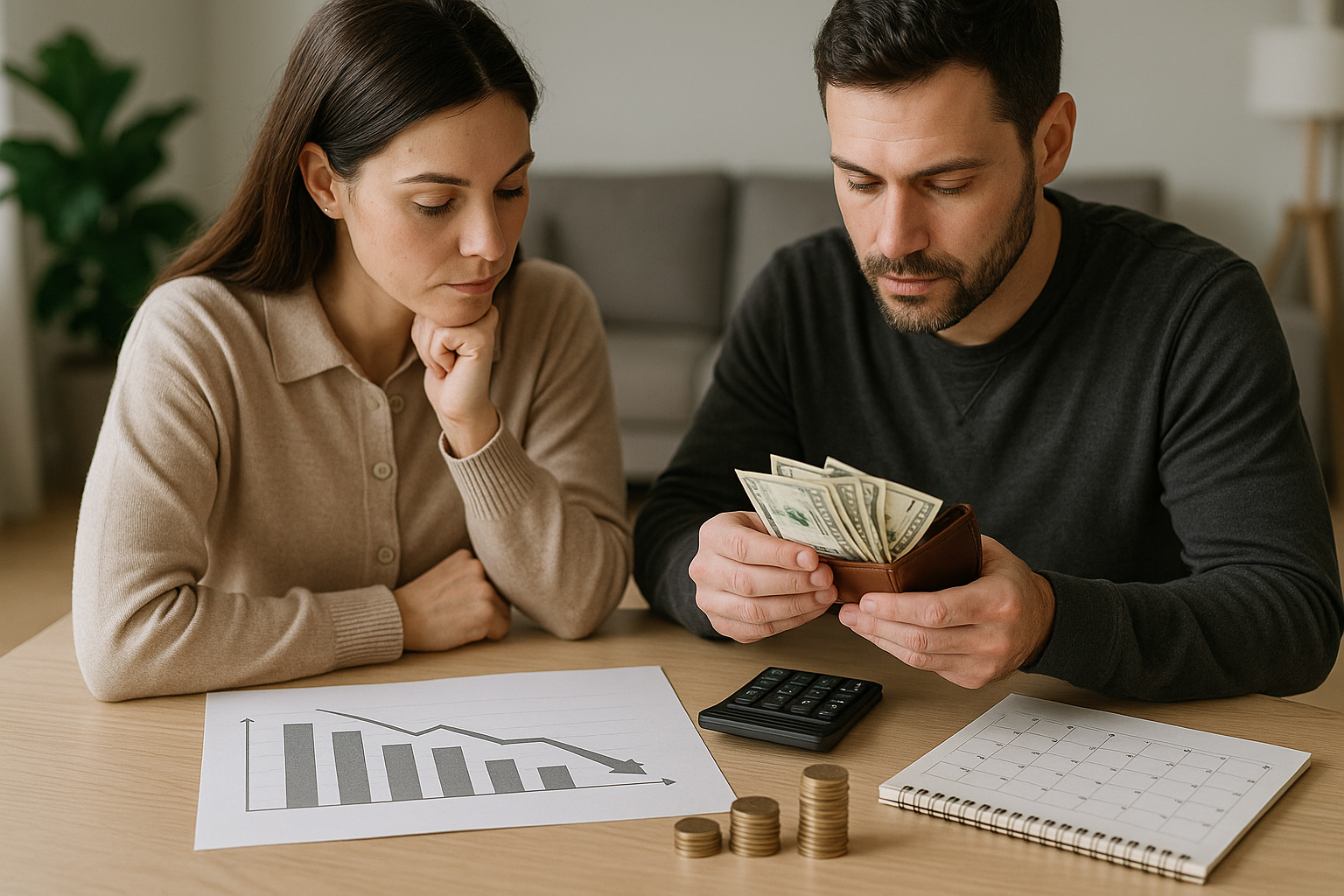 Famiglia che analizza budget e rata di un finanziamento con grafico economico e calendario