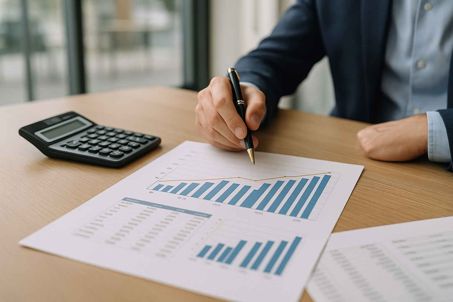 Documenti finanziari con grafico su reddito e rate di prestito, calcolatrice e penna su scrivania