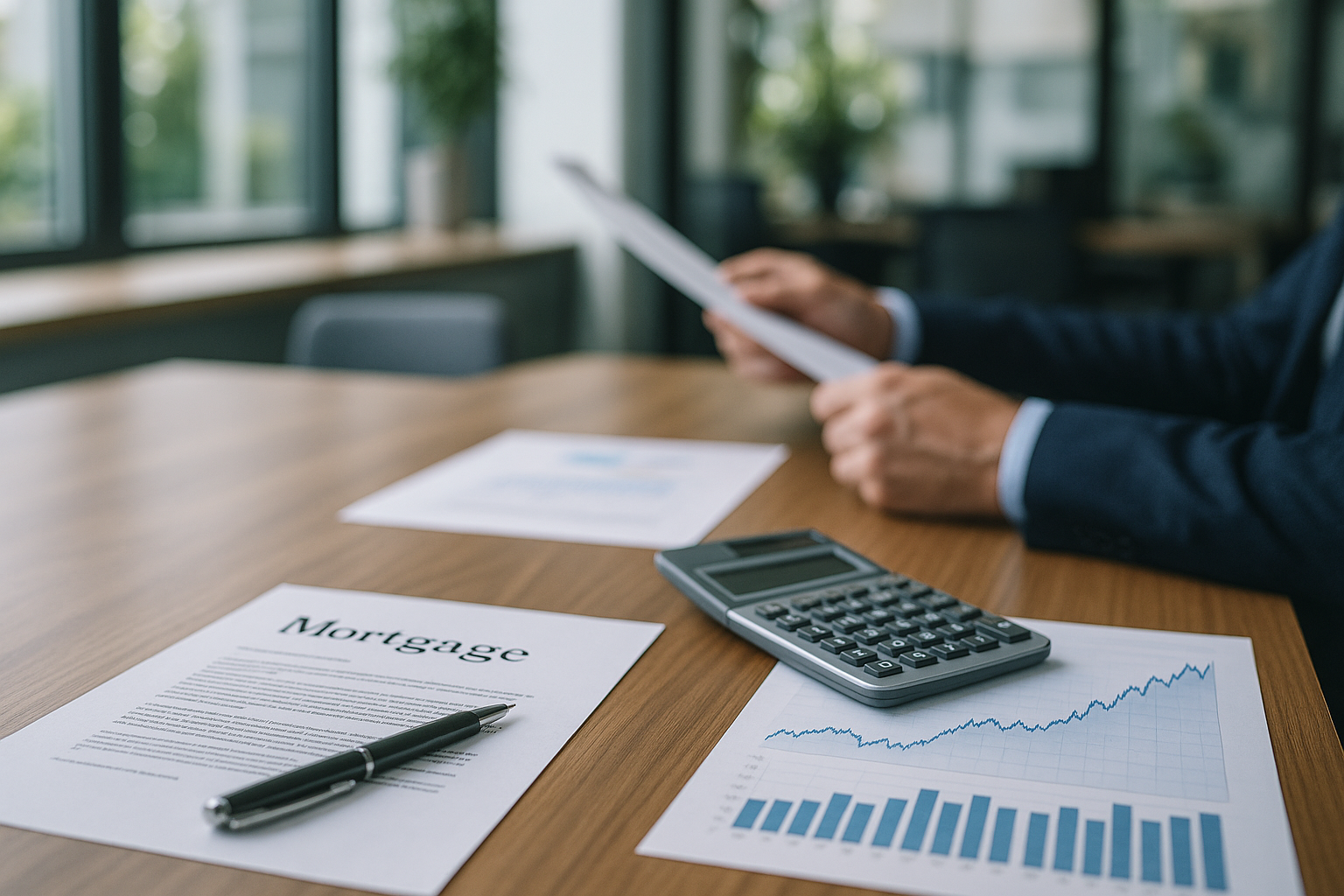Documenti di mutuo e calcolatrice su una scrivania con grafico economico sullo sfondo