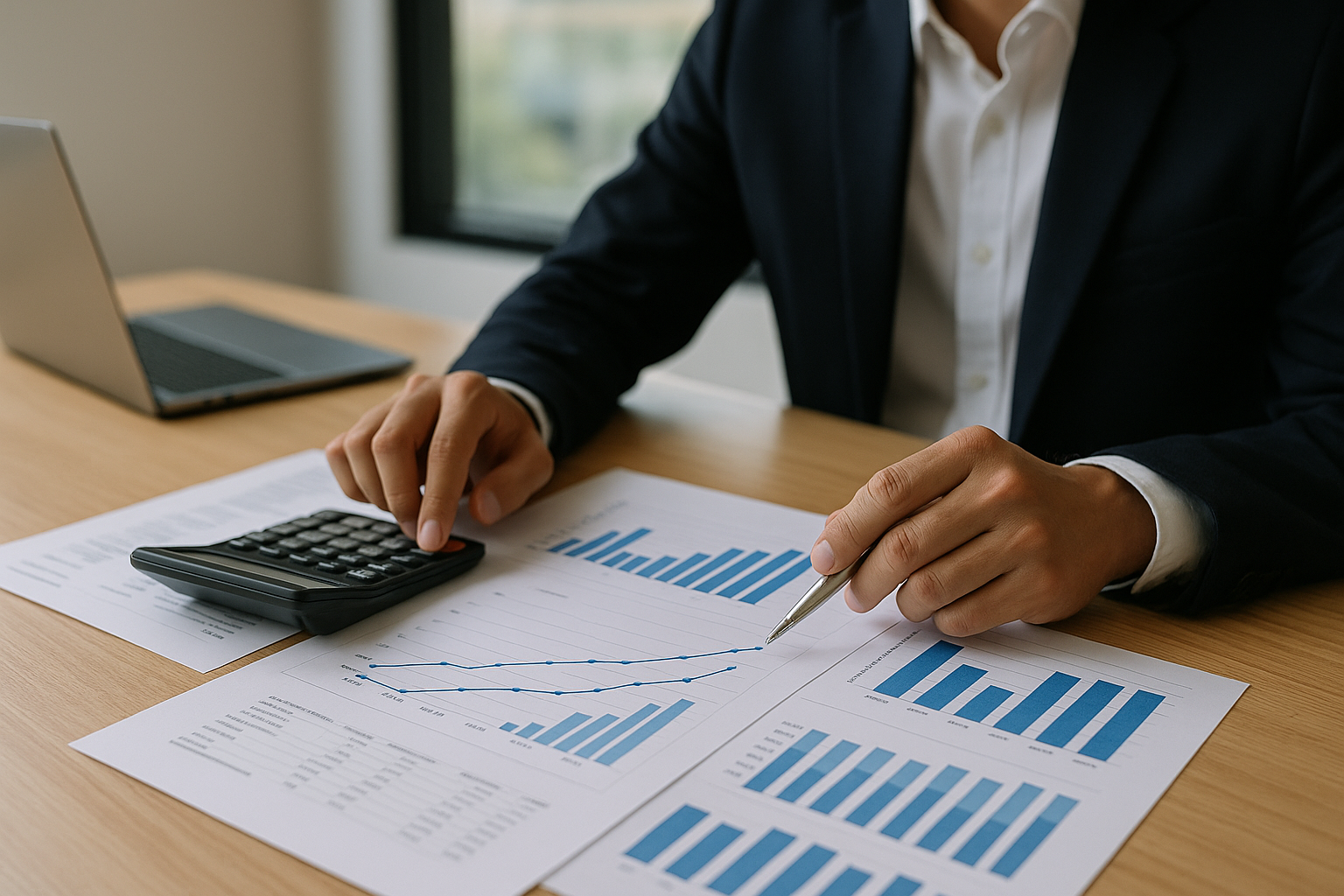 Documenti finanziari e grafici su una scrivania che rappresentano la valutazione dei prestiti aziendali